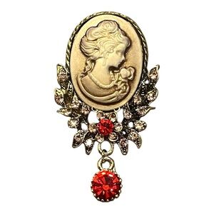 Vintage-Inspired Neutral Tone Brooch with Scarlet Rhinestone Drop